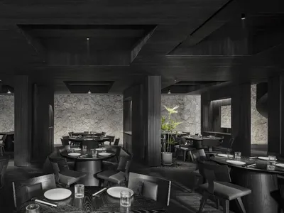 Modern restaurant interior with dark wood elements, black accents, and potted plants, creating an elegant and inviting atmosphere