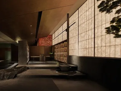 亞洲風格衛浴，木質牆面與地板，中央置有大型岩石，並以石階通往入口，營造寧靜而溫馨的氛圍