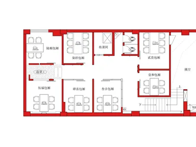 2D floor plan of a modern restaurant with dining areas, kitchens, restrooms, and other functional spaces labeled in English and Chinese, featuring clean lines and minimalistic elements
