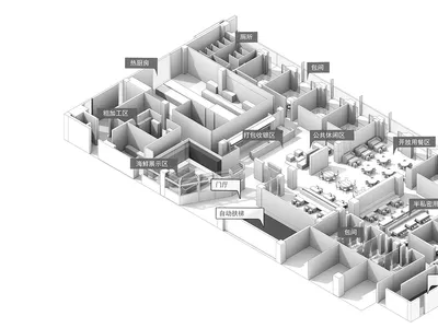Black and white floor plan of a hotel or office complex with multiple rooms and a well-organized layout