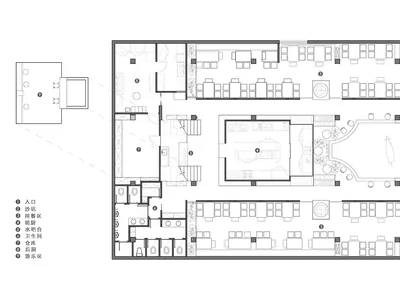 Modern hotel lobby with multiple seating areas, dining tables, chairs, and a well-organized layout