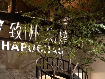 樓梯配木椅、黑色扶手，背景兩棵樹木，營造寧靜溫馨氛圍