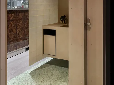 Small bathroom with brown tile walls, a sink, toilet, and shower area, featuring a potted plant on the countertop