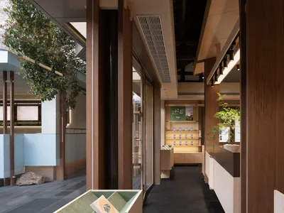 A warm and inviting store with wooden walls and floors, featuring potted plants and well-lit interior