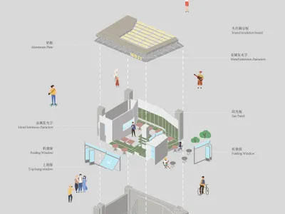 2D hotel floor plan with labeled rooms, doors, windows, and furniture, featuring English and Chinese text, with guests and staff present