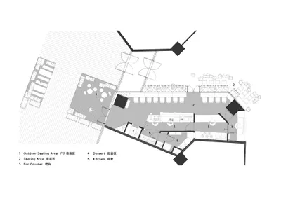 具多元設計元素的餐廳 2D 平面圖，標示房間與各式空間
