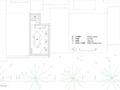 2D floor plan of a modern hotel with a lobby, lounge area, and dining space, featuring clean lines and minimalistic elements