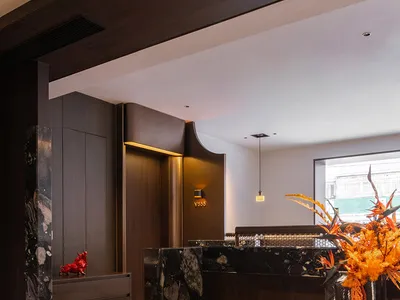 Modern hotel lobby with marble countertop, wooden desk, and potted plant, featuring brown and black tones and elegant atmosphere