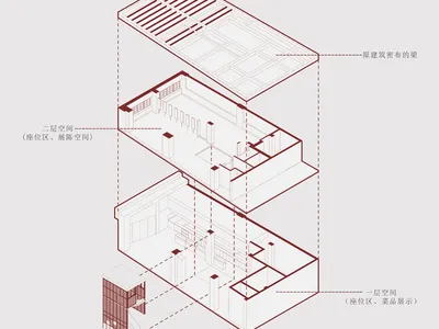 2D floor plan of a hotel with red and white color scheme, featuring various rooms and spaces, including a lobby and dining area