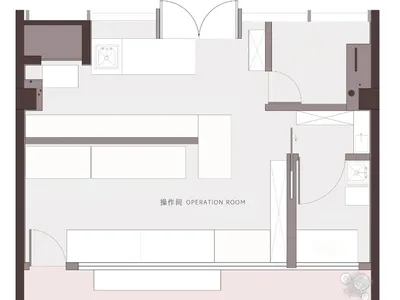 2D floor plan of a hotel with white walls, linework, and labels, showcasing a modern and functional layout