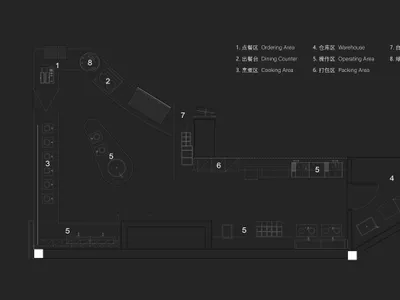 Black and white floor plan of an Asian restaurant with various rooms, tables, chairs, and furniture pieces
