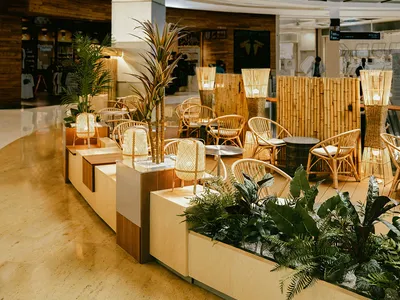 A modern restaurant interior with a circular dining area featuring wicker and wood elements, potted plants, and a lively atmosphere