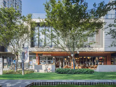 A restaurant with tables and chairs surrounded by a large tree and potted plants, creating a relaxed and inviting atmosphere