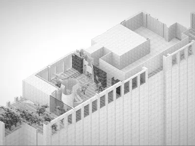 Architectural rendering of a modern restaurant and bar with concrete walls, multiple windows, and a mix of open and enclosed areas