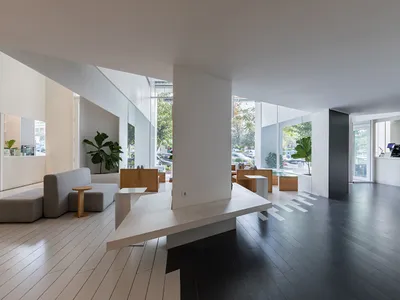 Open living area with a large white wall, seating options, potted plants, and a contemporary design