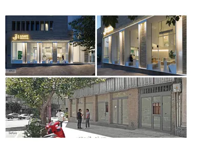 經典磚牆餐廳建築，人群站在人行道上，附近停放一台機車