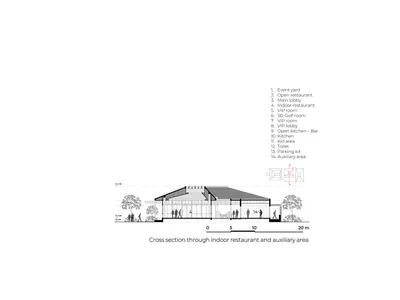現代餐廳的座位區、餐桌與機能元素的建築圖