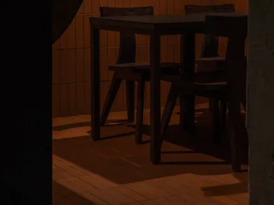 A cozy dining space with a wooden table and chairs, surrounded by orange-tiled walls, creating a warm and inviting atmosphere
