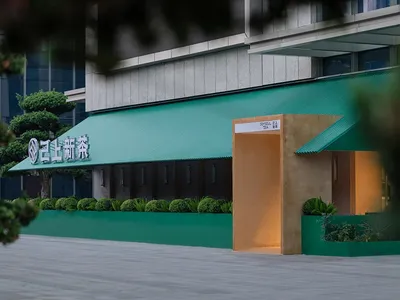 A restaurant with a mix of modern and traditional architecture, featuring green awnings, potted plants, and a dining table