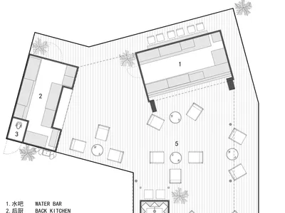 餐廳的黑白平面圖，包含廚房、餐廳及後廚指定區域，展現乾淨優雅的設計