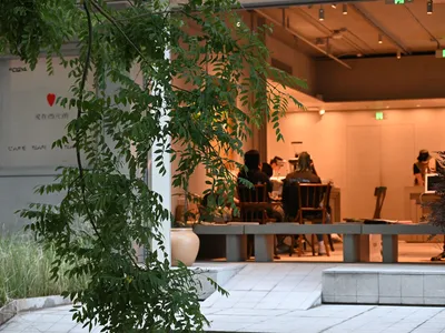 Casual dining area with people seated at a table, surrounded by chairs and potted plants, with cups on the table suggesting a meal and drinks