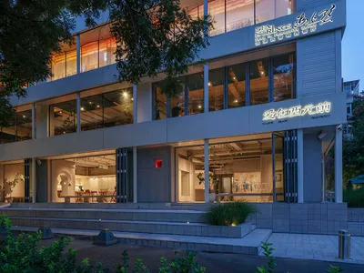 Well-lit commercial space with modern furniture, potted plants, and decorative touches, featuring a variety of seating areas and a vase in the corner