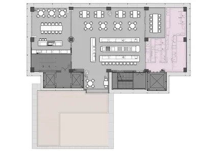 Empty restaurant floor plan with multiple dining tables and chairs, modern design, and ample seating options