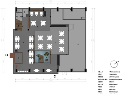 2D floor plan of a modern restaurant with wooden floors and walls, featuring dining areas and tables with chairs