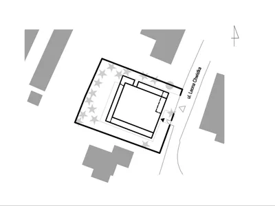 2D architectural drawing of a hotel with multiple rooms, walls, doors, windows, stairs, and decorative stars