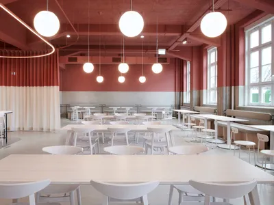 Empty restaurant with white tables and chairs, modern and traditional design elements, clean and well-organized atmosphere