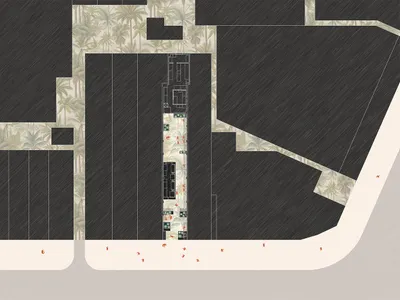 2D floor plan of a modern hotel with multiple rooms and hallways, featuring palm trees in some rooms, with a focus on natural elements and ample space