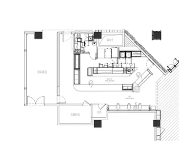 Empty interior space with white walls, linework, and labels on a 2D floor plan