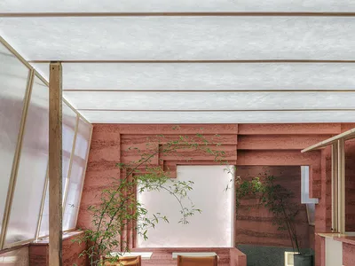 Open modern living area with a red interior design theme, featuring two couches, a dining table, chairs, and a potted plant, with a focus on comfort and functionality