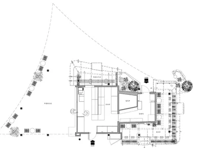 Architectural rendering of a modern hotel or residential complex interior with multiple rooms, open spaces, and a mix of materials including concrete, glass, and metal