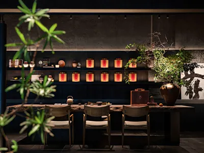 Cozy Asian restaurant interior with wooden tables, chairs, and decorative items, featuring potted plants and cultural influences