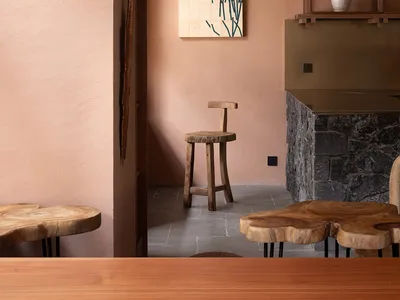 A living area with a dining table, chairs, and a fireplace, surrounded by wood walls, creating a warm and inviting atmosphere