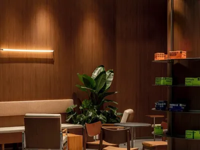 Warm and inviting interior design showroom with brown wood furniture, cushions, and a potted plant, creating a cozy atmosphere