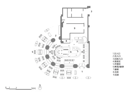 2D floor plan of a modern hotel with a lobby and dining hall, featuring room numbers, dimensions, and furniture placements
