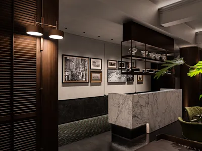 Modern restaurant interior with marble countertop, decorative items, and warm lighting