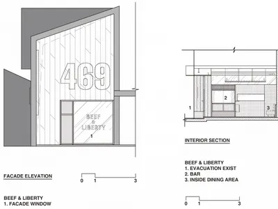 現代餐廳的 2D 平面圖，標示區域與尺寸