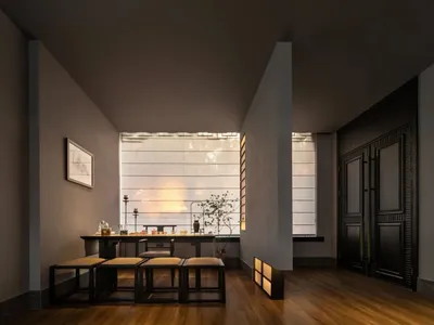 Empty modern living room with a dining table, chairs, potted plants, and decorative bottles, creating a cozy atmosphere