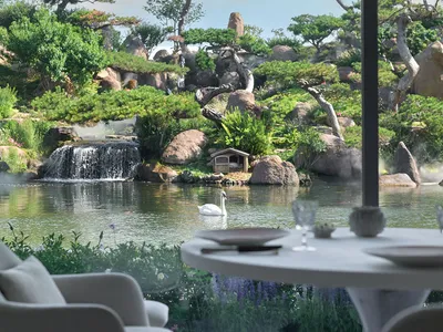Elegant dining room with a table set for a meal, two chairs, and a vase, overlooking a beautiful garden through a large window