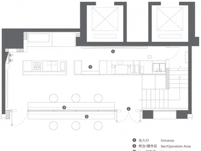 2D floor plan of a modern restaurant with a kitchen, dining area, and bar, featuring a large window, concrete, and metal materials