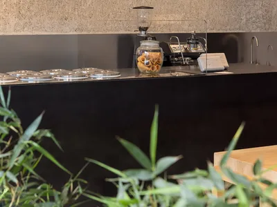 Modern restaurant counter area with a cement wall, display items, vases, and a minimalist atmosphere