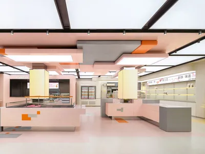 Bright and inviting restaurant interior with pink accents, modern design, and clean lines