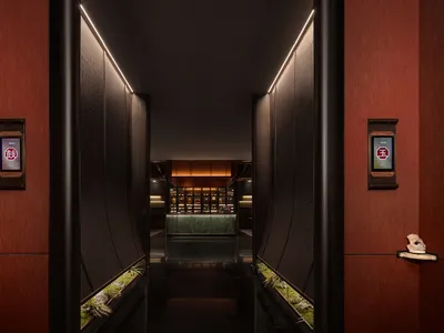 A hotel hallway with a dark carpet, potted plants, and scattered bottles, possibly leading to a bar or dining area