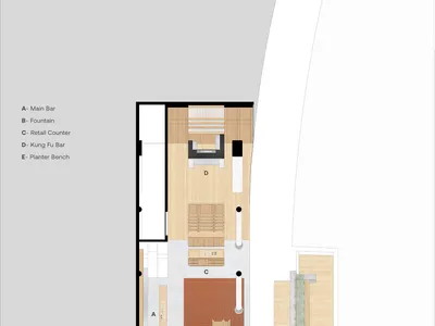 2D floor plan of a modern hotel with a living area, dining area, kitchen, bedrooms, and two bars