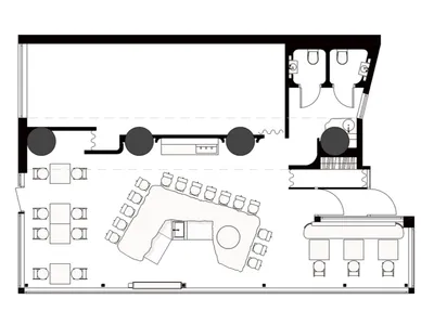 餐廳或辦公空間的 2D 平面圖，包含多種座位配置與餐桌