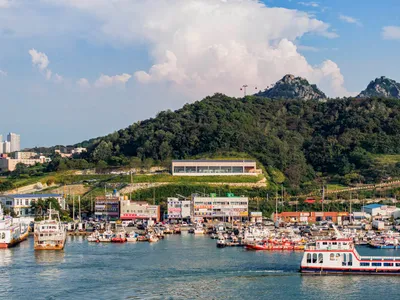 A hotel building situated on a hillside overlooking a harbor with boats docked at various positions, creating a lively atmosphere