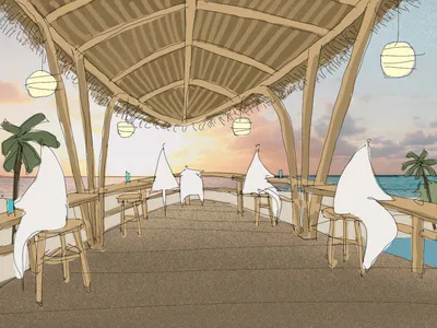 Beachside restaurant with a thatched roof, wooden elements, tables, chairs, and umbrellas, set in a relaxed and inviting atmosphere